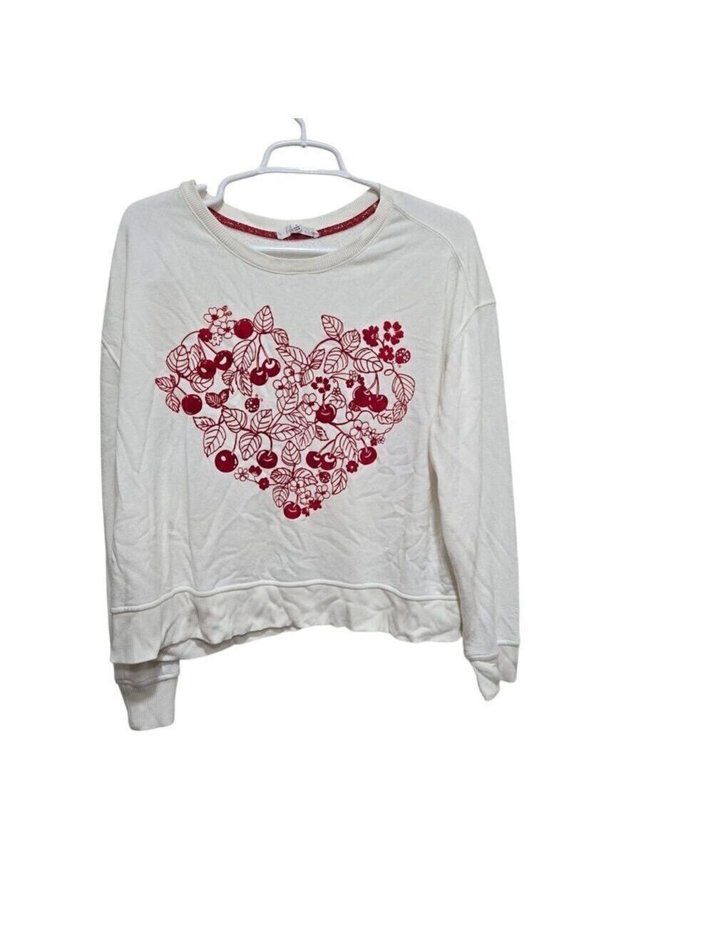 Jane Delancey Cherry Heart Graphic Sweatshirt Large Ivory Red